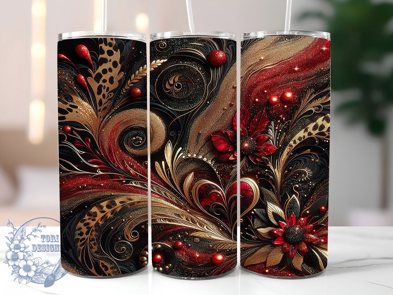 Leopard Glitter Valentine Tumbler, Leopard Print, Glam Glitter, Red And Black, Romantic Style, 20Oz Tumbler, Sublimation Wrap