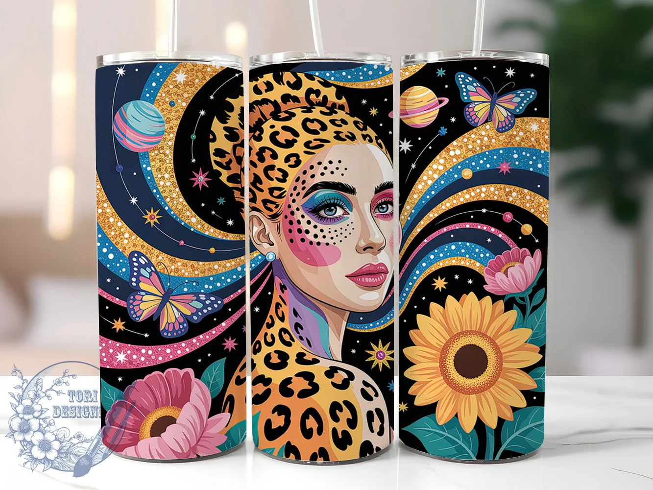 Leopard Lady Sunflower Butterfly Tumbler Wrap, Collage Art, Sunflowers Theme, Butterflies Motif, Bold Floral, Glam Style, Sublimation Wrap