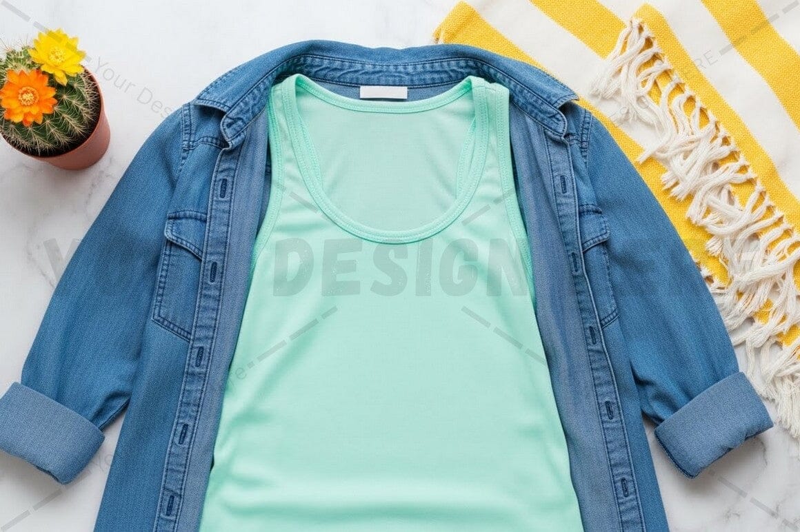 Light blue denim jacket with mint green t-shirt