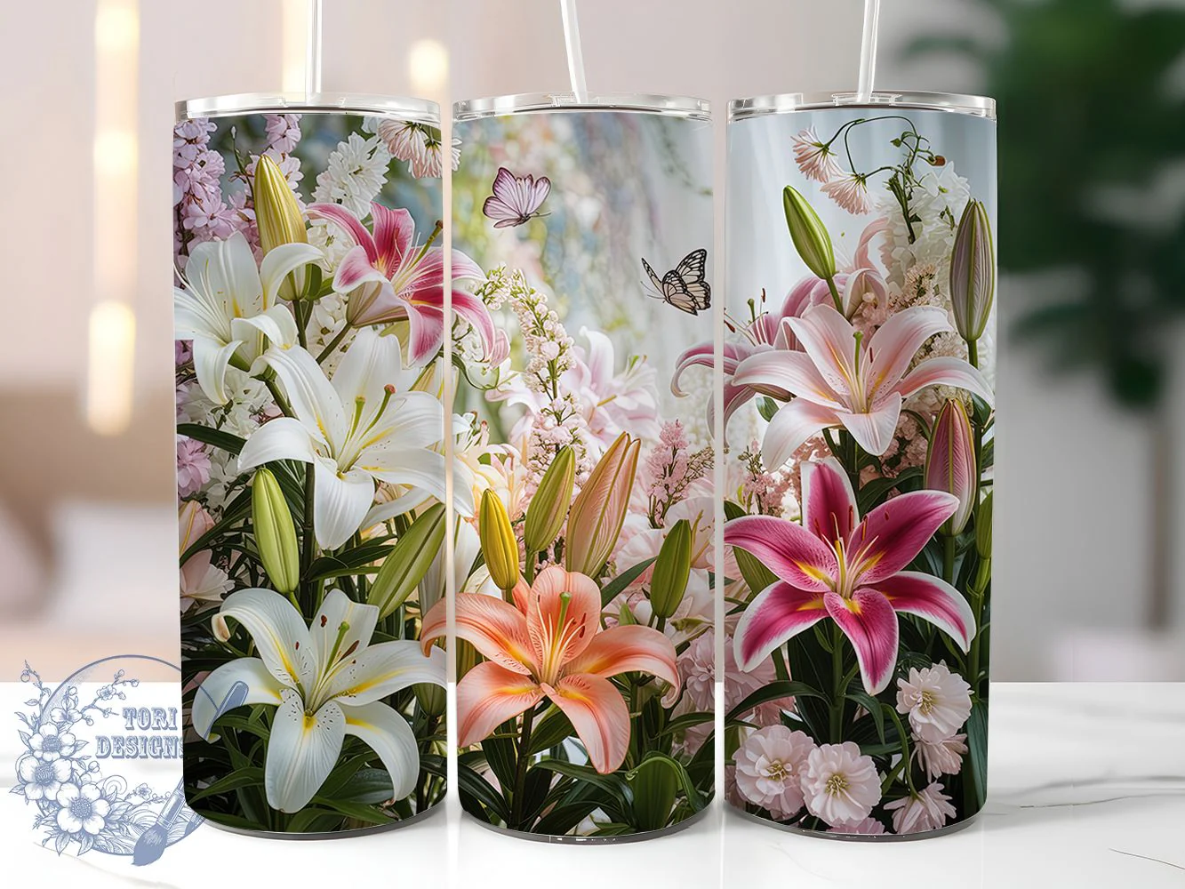Lily Butterfly Floral Tumbler, Spring Floral Tumbler, Stylish 20oz Wrap, Sublimation Design, Trendy Gift Idea, Rustic Lily Wrap, Botanical Butterfly Tumbler
