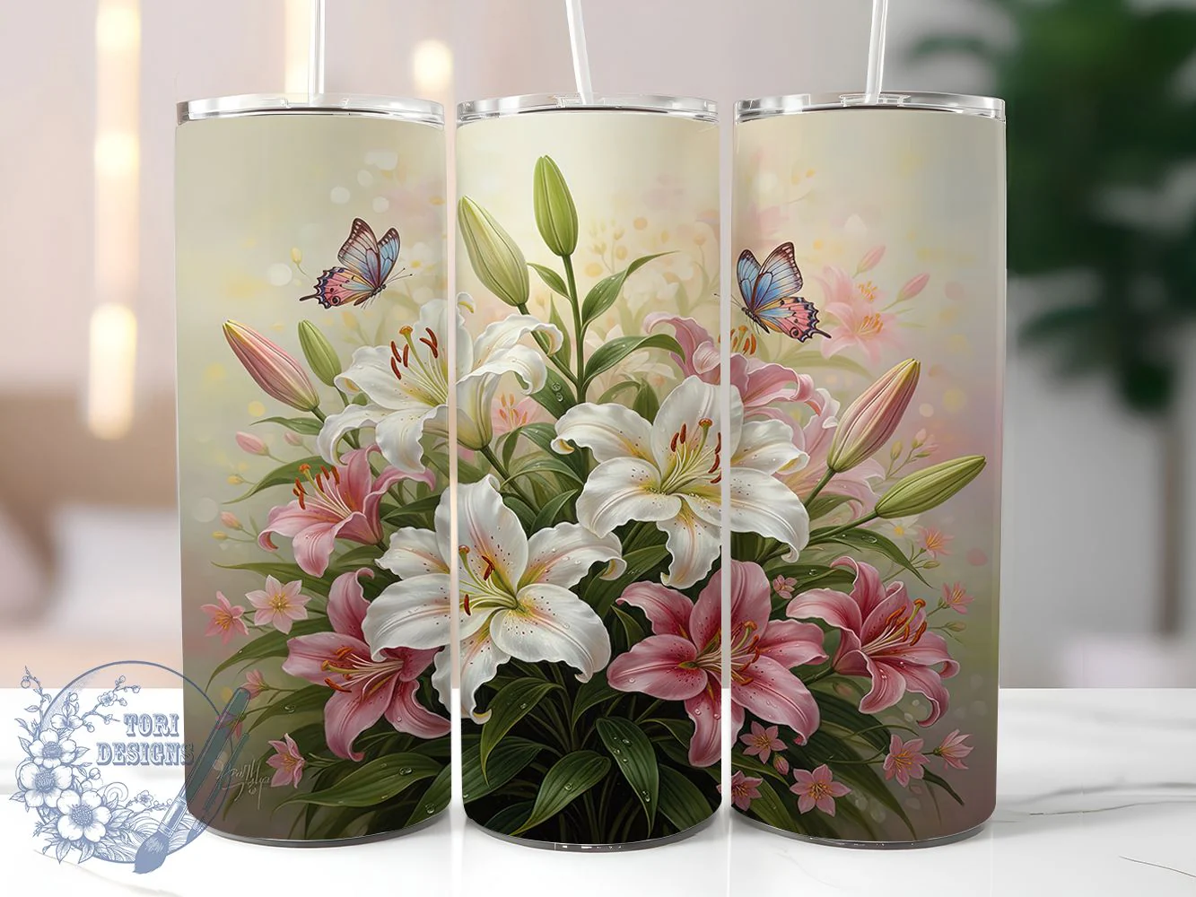 Lily Butterfly Floral Tumbler, Spring Floral Tumbler, Stylish 20oz Wrap, Sublimation Design, Trendy Gift Idea, Rustic Lily Wrap, Botanical Butterfly Tumbler