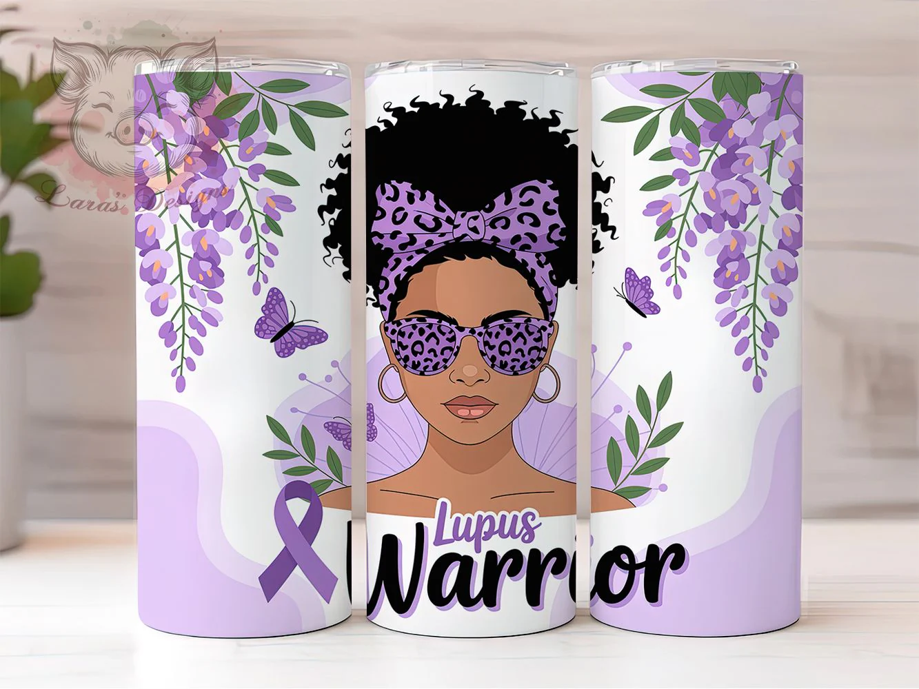 Lupus Warrior Afro Woman Tumbler Wrap, Afro Woman, Butterfly Floral, Purple Ribbon, Awareness Theme, Empowerment Style, Sublimation Design