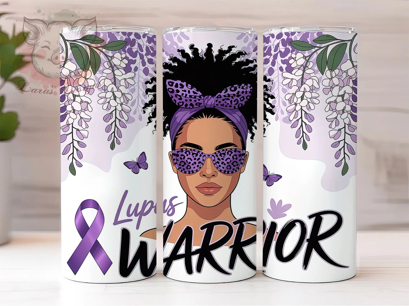 Lupus Warrior Afro Woman Tumbler Wrap, Afro Woman, Butterfly Floral, Purple Ribbon, Awareness Theme, Empowerment Style, Sublimation Design