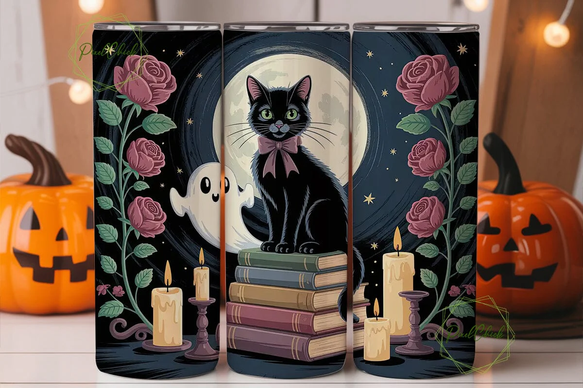 Magical Halloween Cat 20oz Tumbler Wrap - Image 3