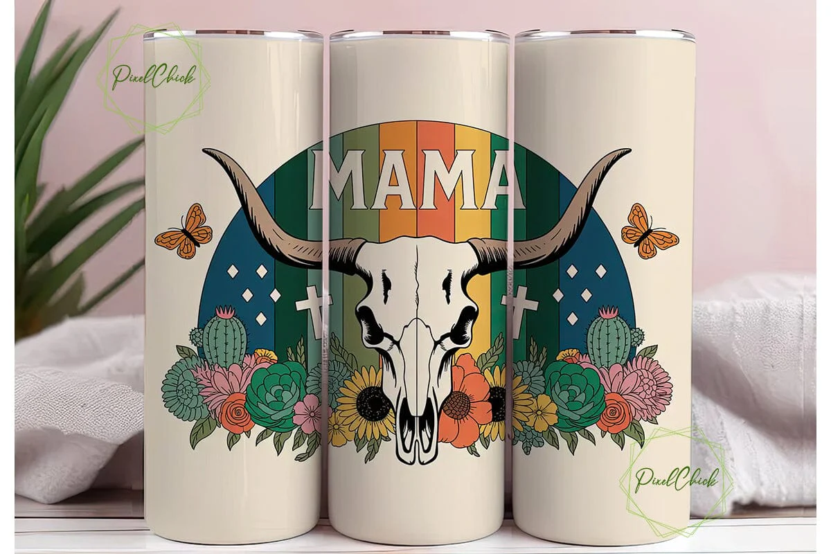 Mama Longhorn Skull 20oz Tumbler Wrap - Image 3