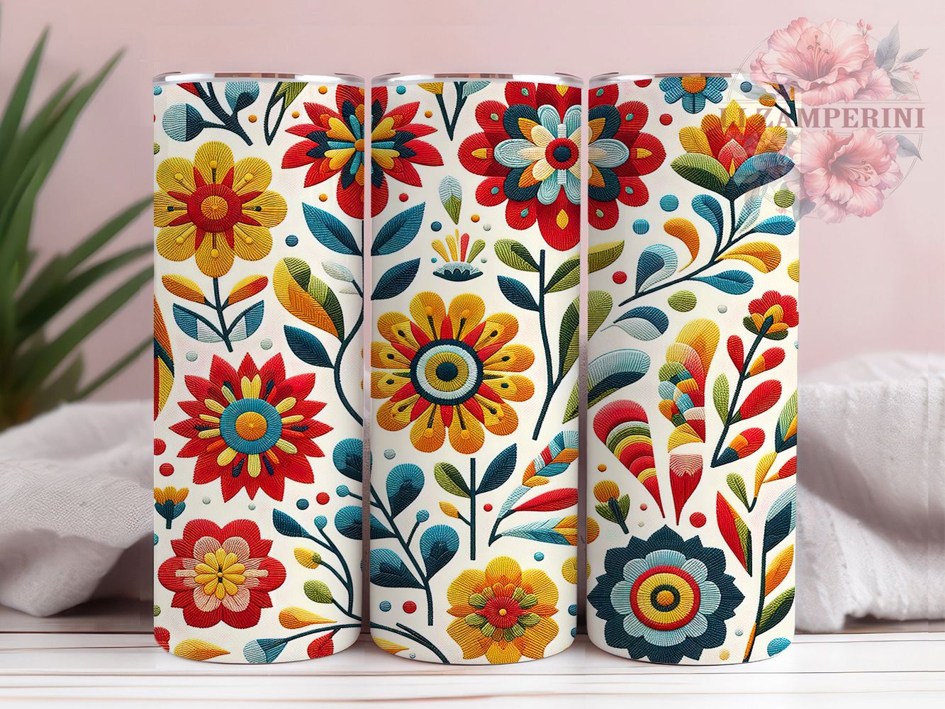 Mexican Folk Embroidery Tumbler, Faux Stitch, Floral Pattern, Folk Art Style, Vibrant Design, 20Oz Tumbler, Sublimation Wrap