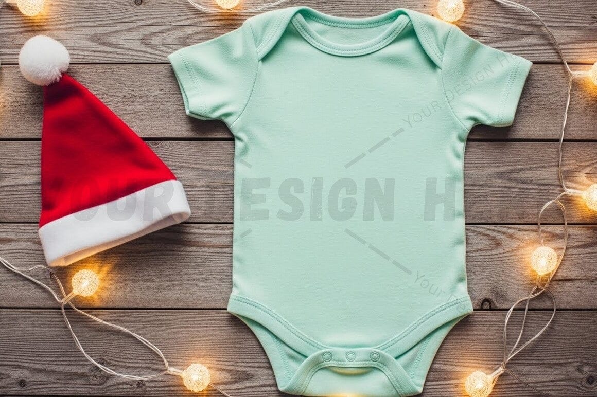 Mint green baby onesie with santa hat and holiday lights