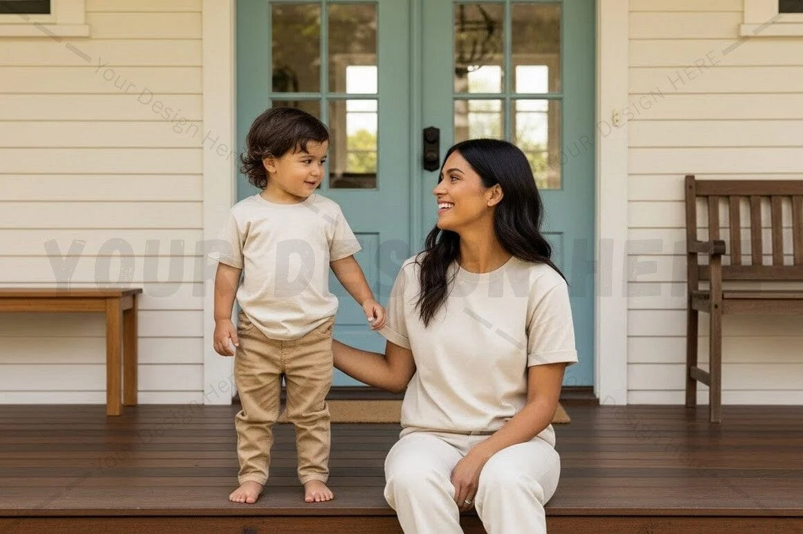 Mother and child wearing matching t-shirts