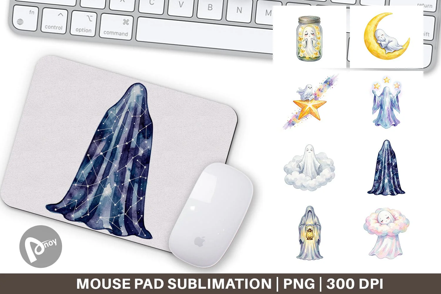 Mouse Pad Watercolor Celestial Dreaming Moon Ghost