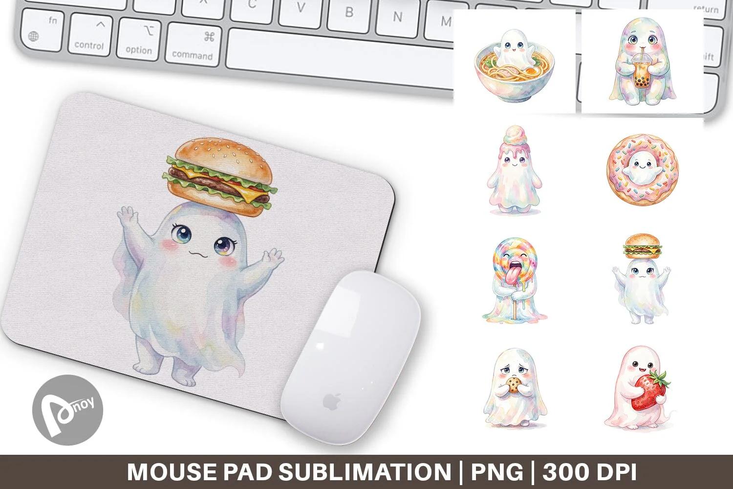 Mouse Pad Watercolor Funny Hungry Foodie Ghost