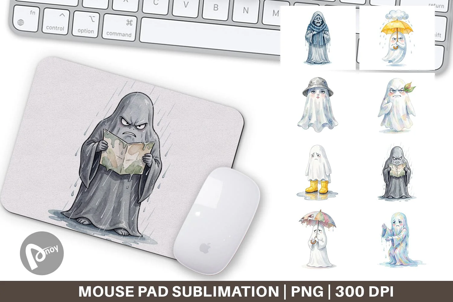 Mouse Pad Watercolor Grumpy Rainy Day Ghost Art