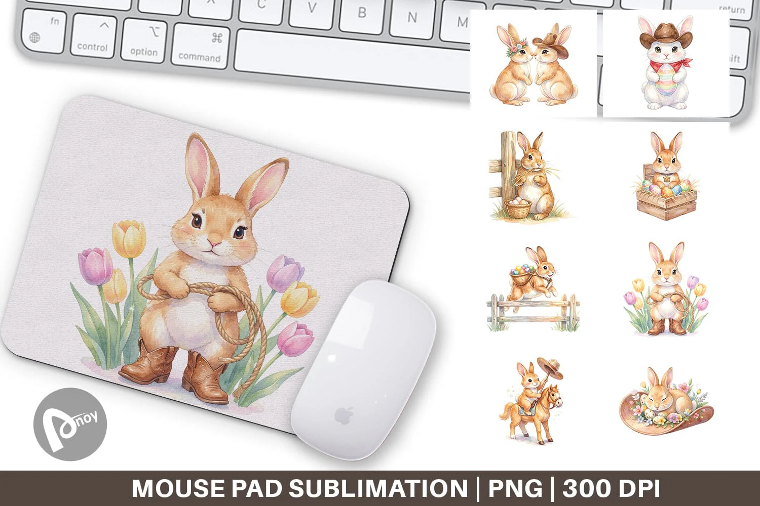 Mouse Pad Watercolor Western Cowboy Bunny Easter