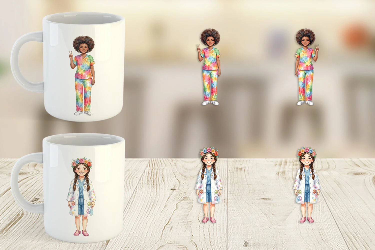 Mug Wrap Watercolor 70s Retro Nurse Characters - Image 5