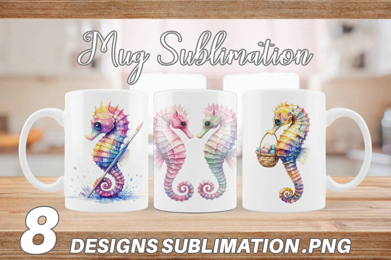 Mug Wrap Watercolor Boho Seahorse Tribal Art