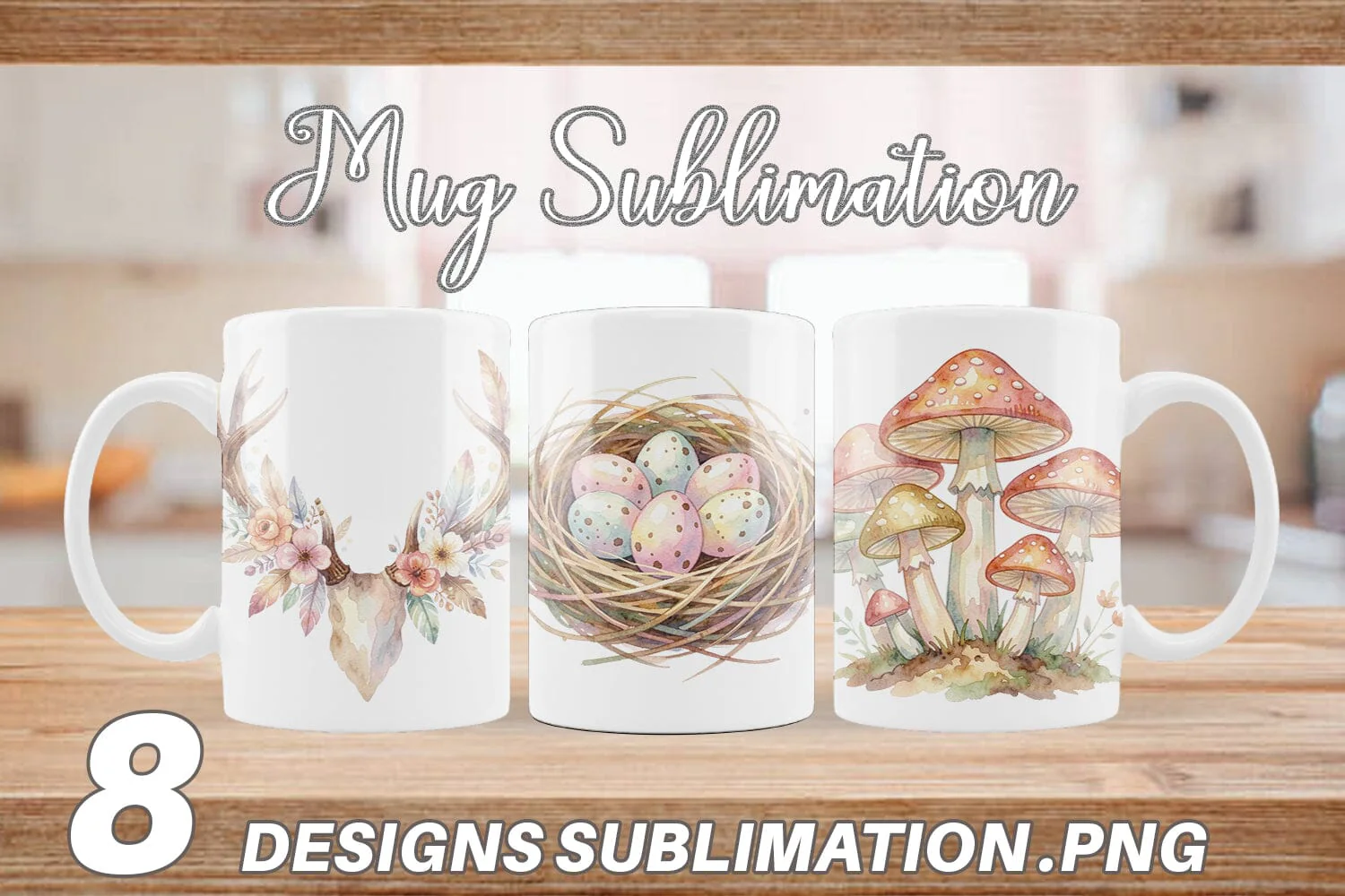 Mug Wrap Watercolor Boho Woodland Nature Ephemera