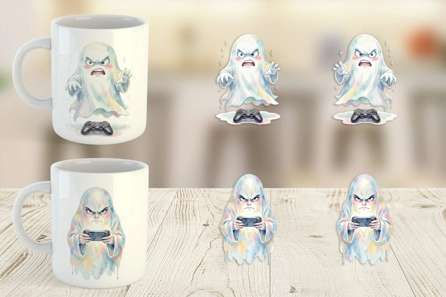 Mug Wrap Watercolor Funny Grumpy Gamer Ghost - Image 2