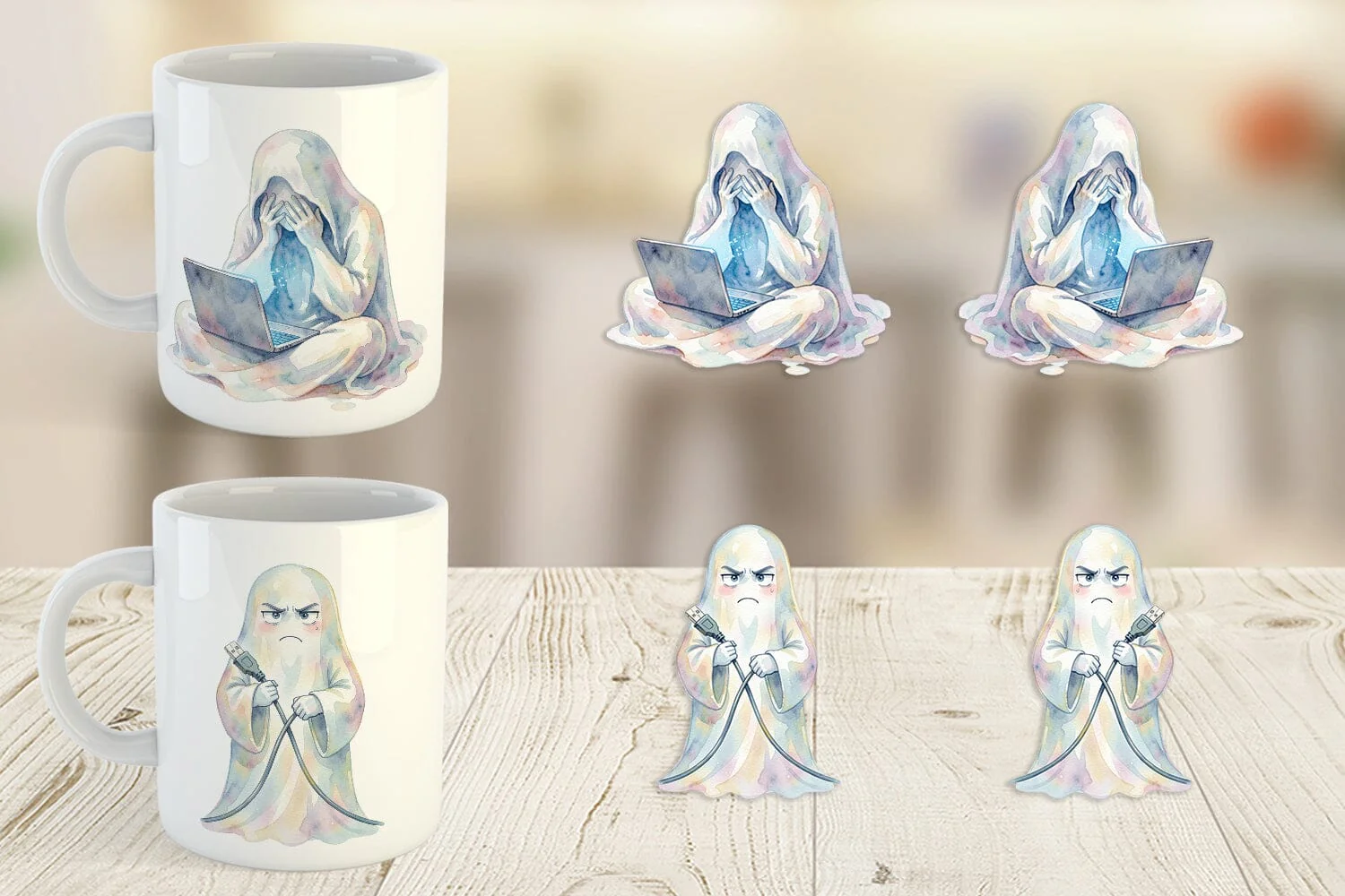 Mug Wrap Watercolor Funny Grumpy Gamer Ghost - Image 4