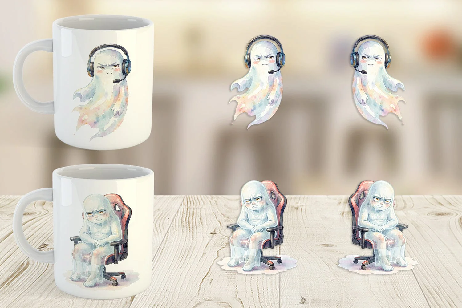 Mug Wrap Watercolor Funny Grumpy Gamer Ghost - Image 5