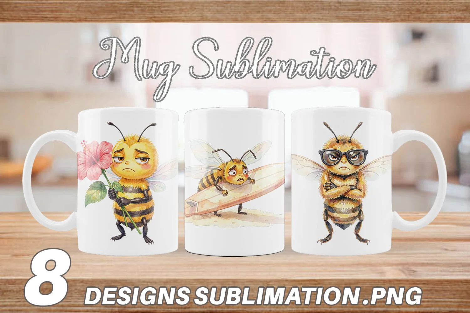 Mug Wrap Watercolor Funny Grumpy Tropical Bee