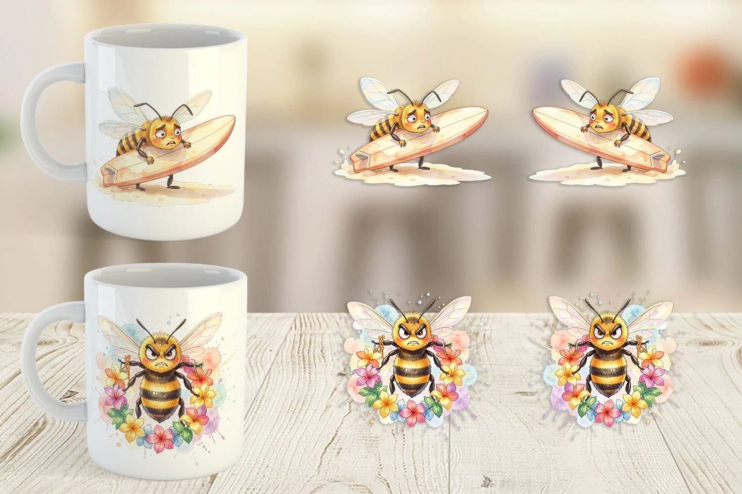 Mug Wrap Watercolor Funny Grumpy Tropical Bee - Image 3