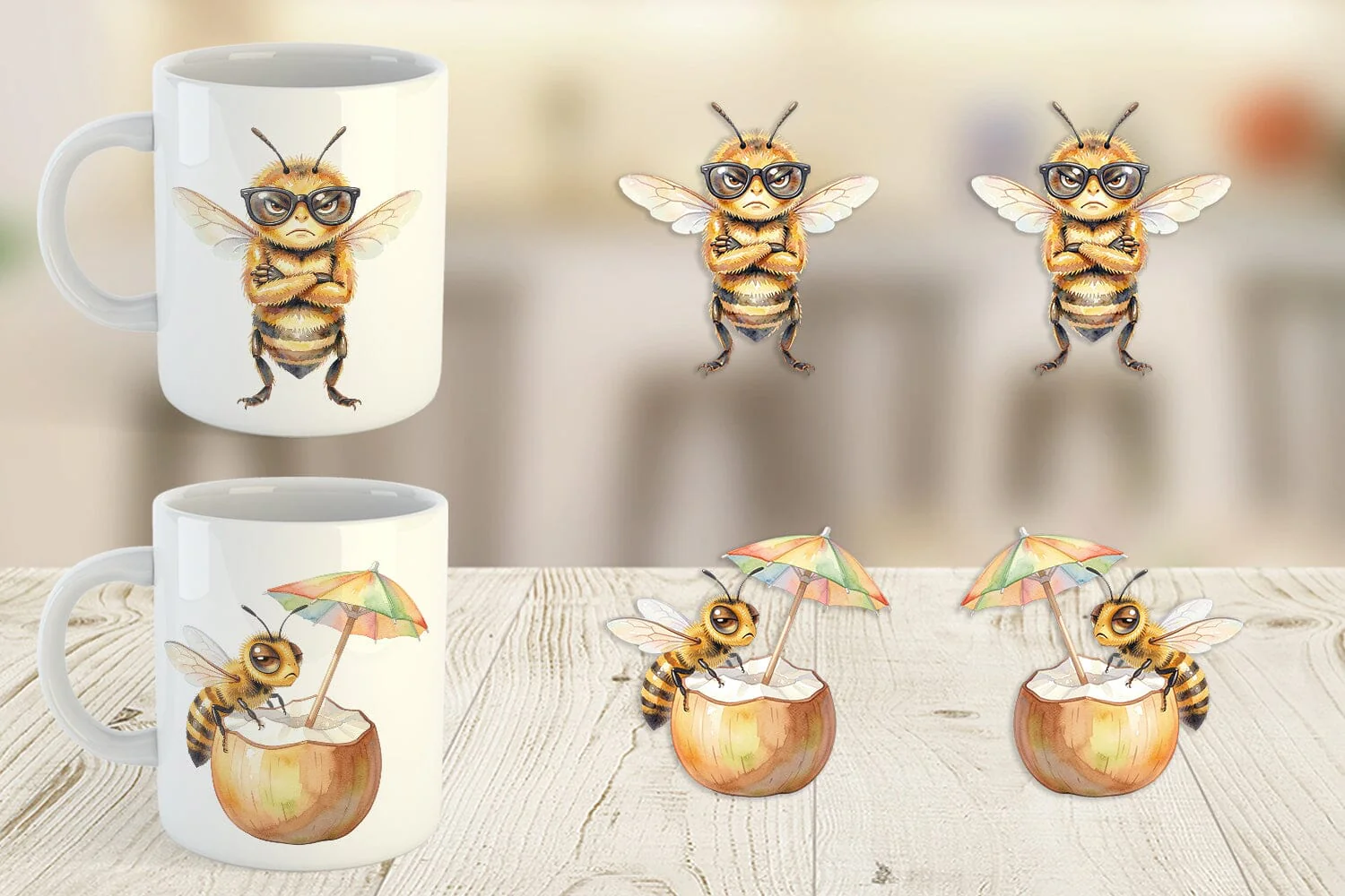 Mug Wrap Watercolor Funny Grumpy Tropical Bee - Image 4