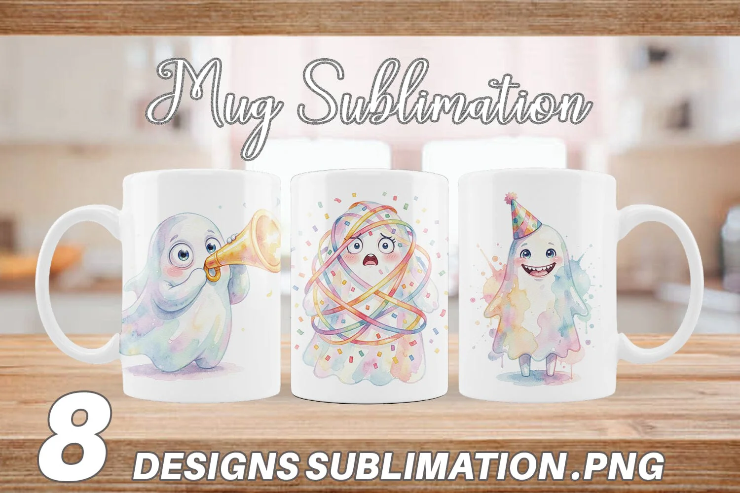 Mug Wrap Watercolor Funny Ugly Cute Party Ghost