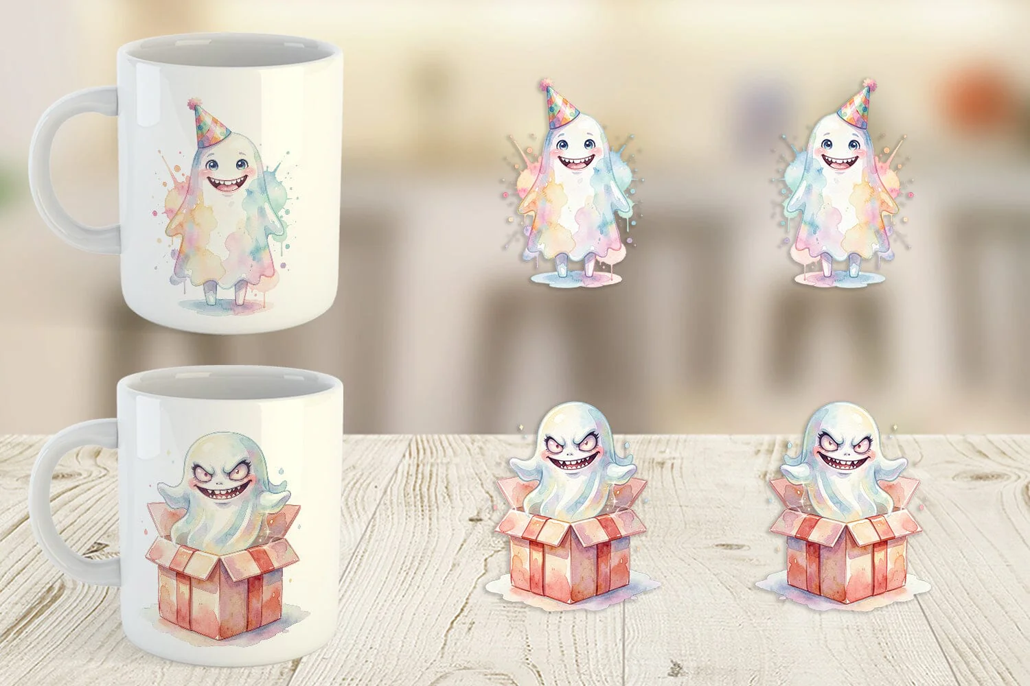 Mug Wrap Watercolor Funny Ugly Cute Party Ghost - Image 4