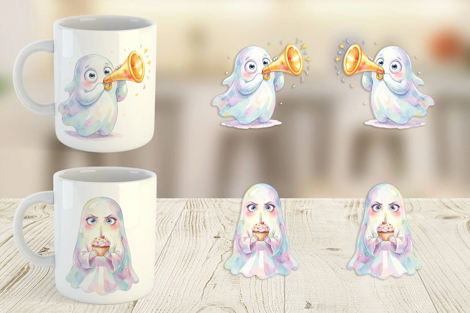 Mug Wrap Watercolor Funny Ugly Cute Party Ghost - Image 5