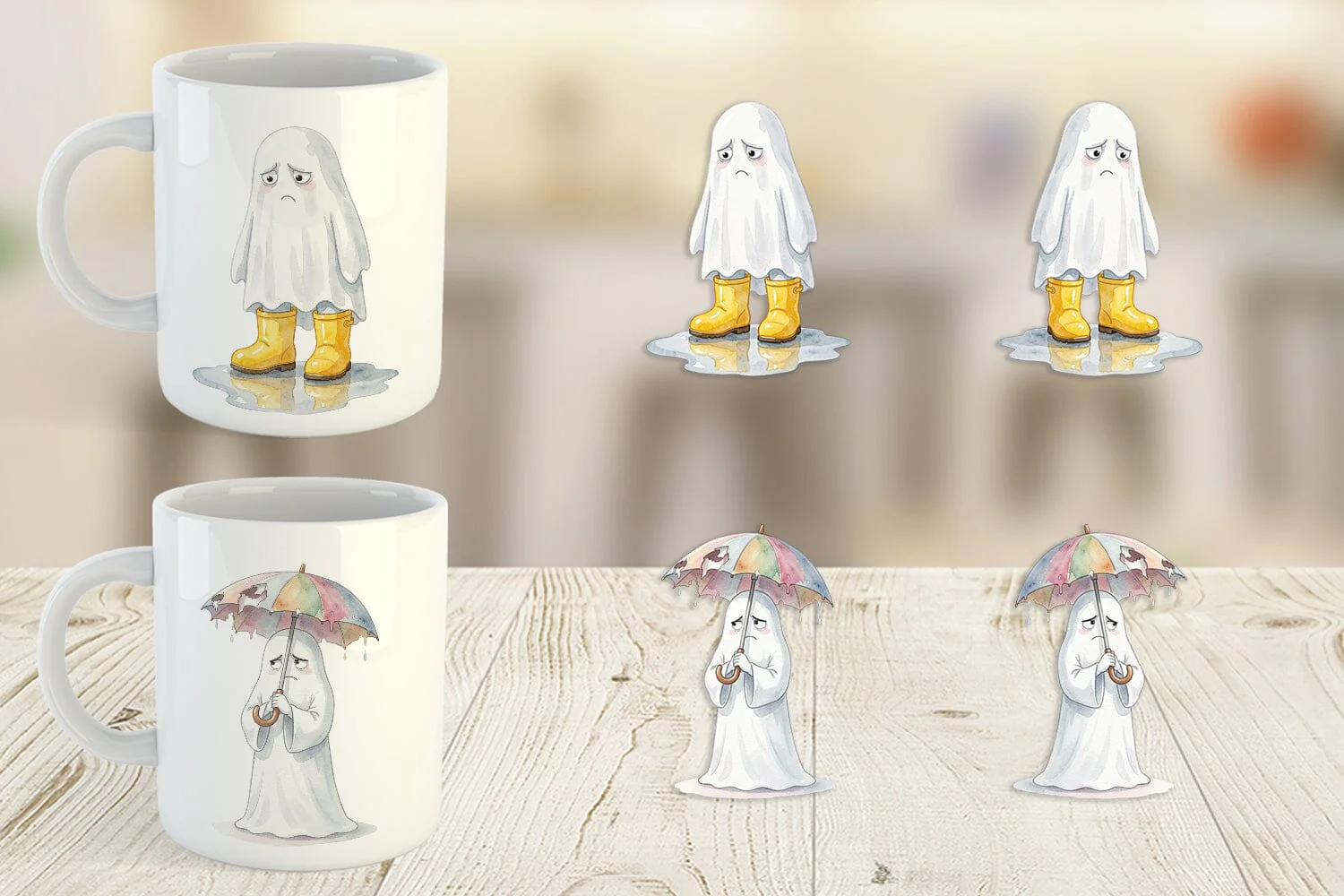 Mug Wrap Watercolor Grumpy Rainy Day Ghost Art - Image 2