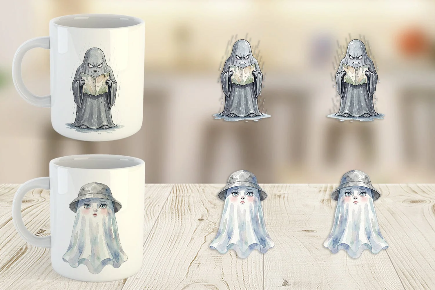 Mug Wrap Watercolor Grumpy Rainy Day Ghost Art - Image 3