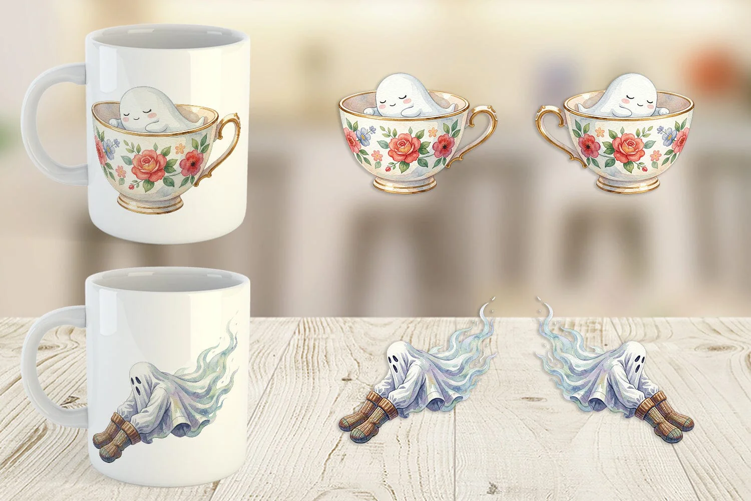 Mug Wrap Watercolor Kawaii Pastel Sleepy Ghost - Image 5