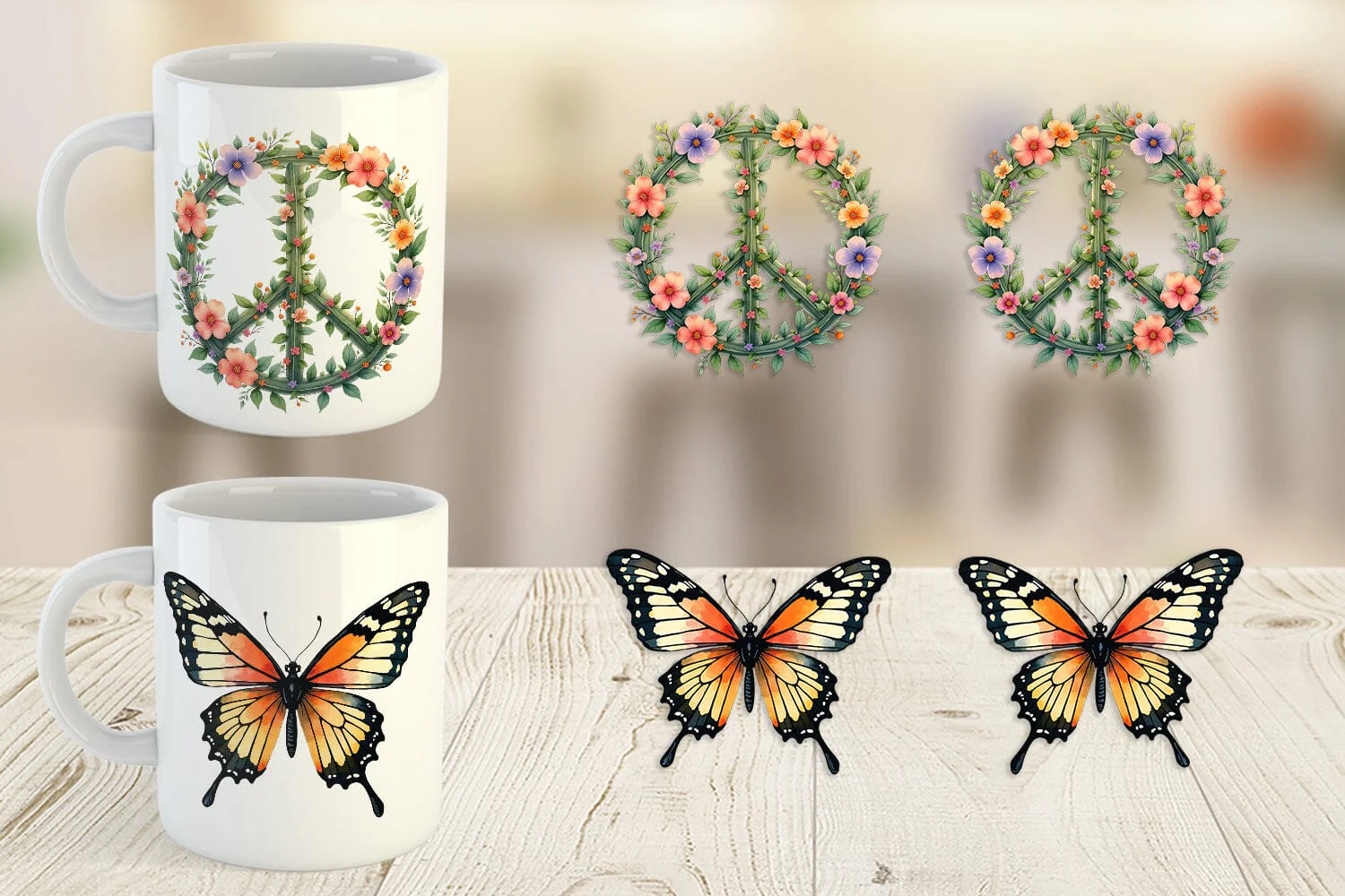 Mug Wrap Watercolor Peace & Petals 70s Symbols & Icons - Image 5