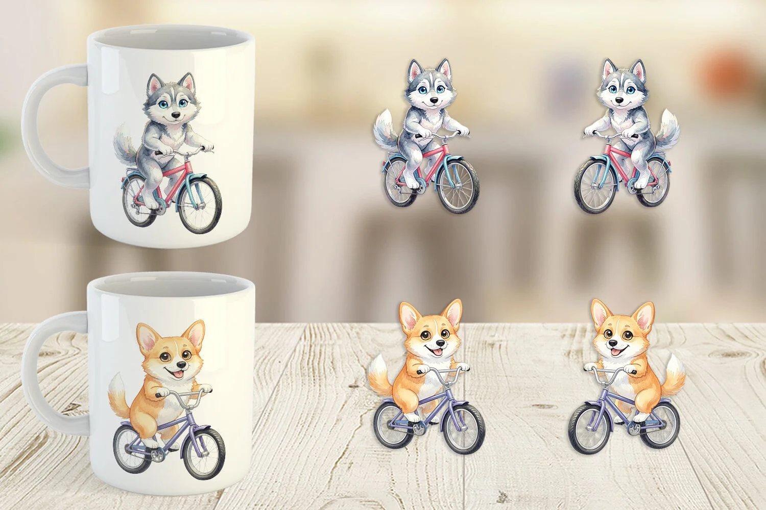 Mug Wrap Watercolor Puppy Eye Dogs on Bicycle - Image 5