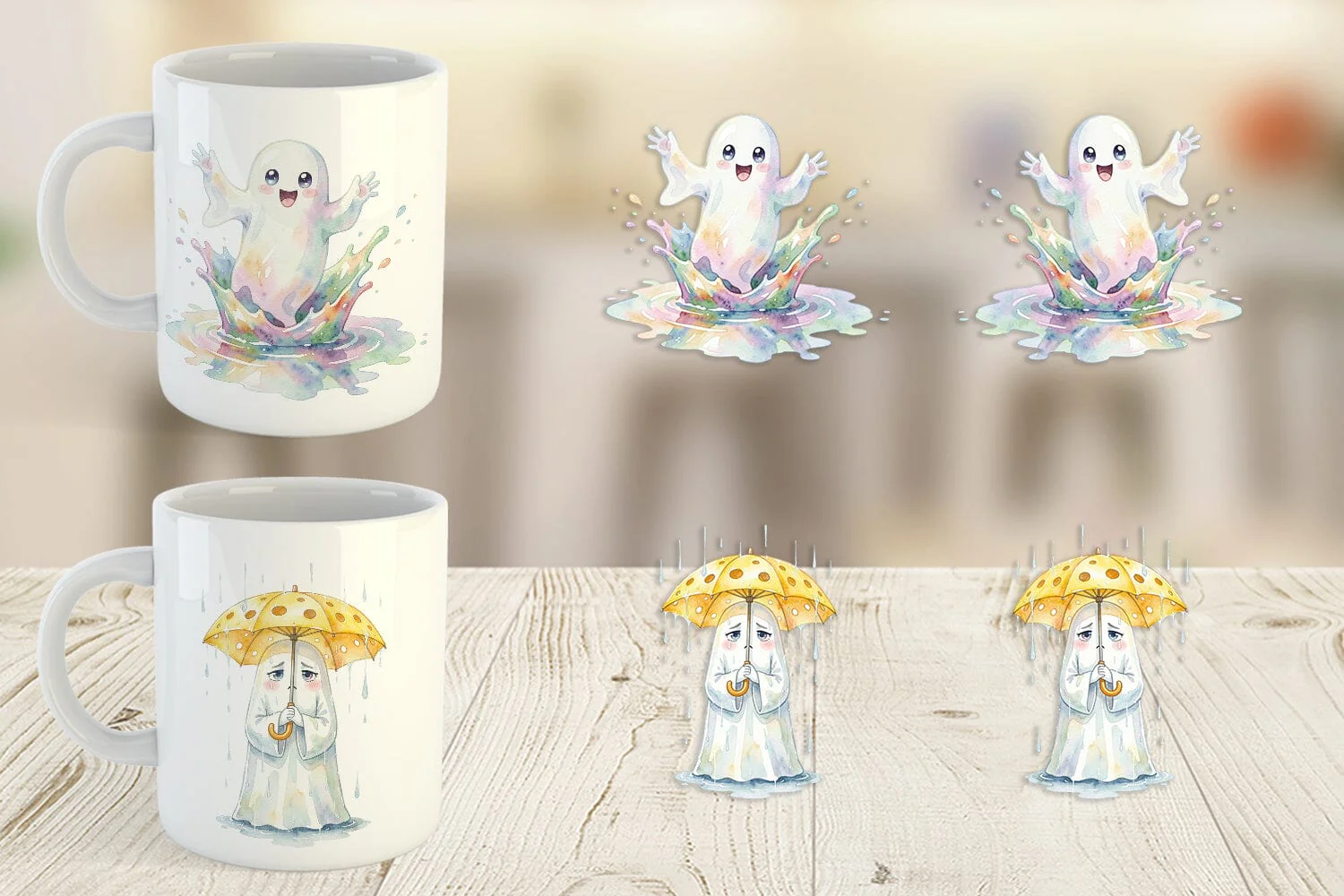 Mug Wrap Watercolor Rainy Day Ugly Cute Ghost - Image 3