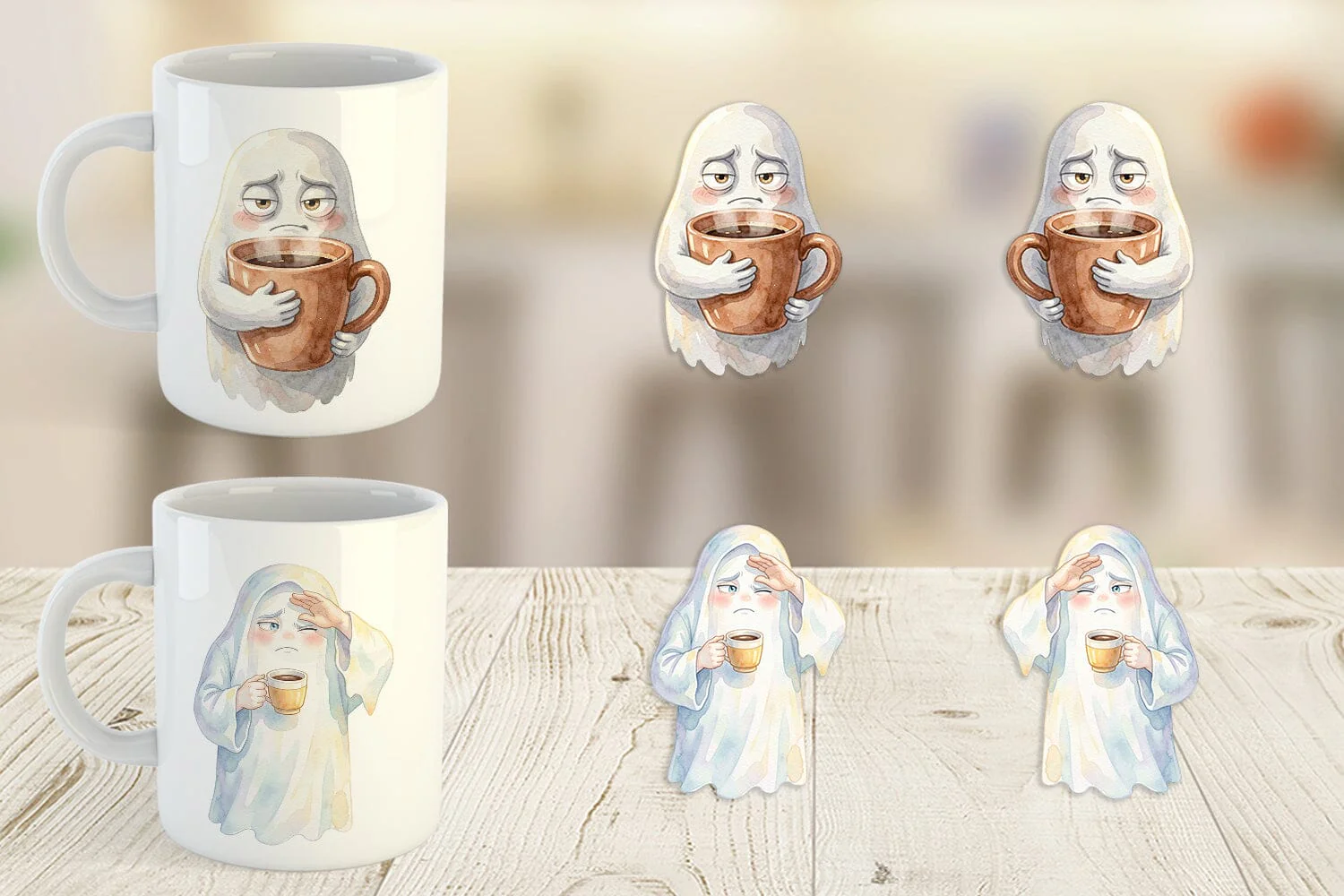 Mug Wrap Watercolor Sarcastic Morning Coffee Ghost - Image 4