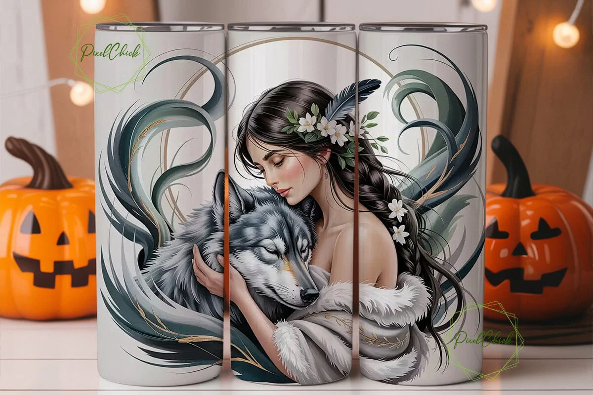 Mystical Wolf Woman 20oz Tumbler Wrap - Image 2