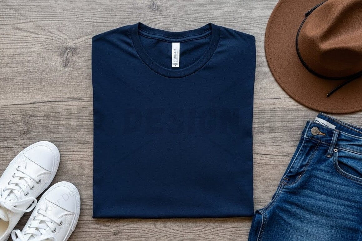 Navy blue t-shirt mockup design with casual outfit