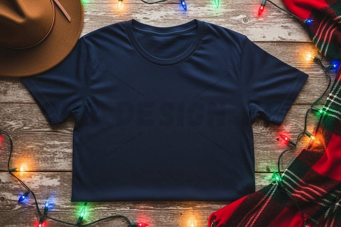 Navy blue t-shirt mockup with holiday decorations