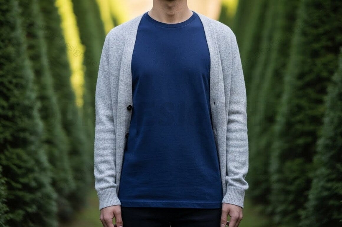 Navy blue t-shirt with gray cardigan