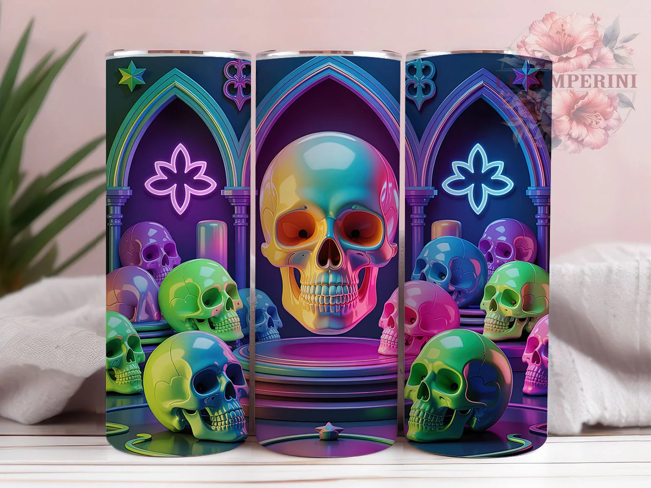 Neon 3D Gothic Skull Tumbler, Neon Glow, Gothic Theme, Bold Style, Dark Art, 20Oz Tumbler, Sublimation Wrap
