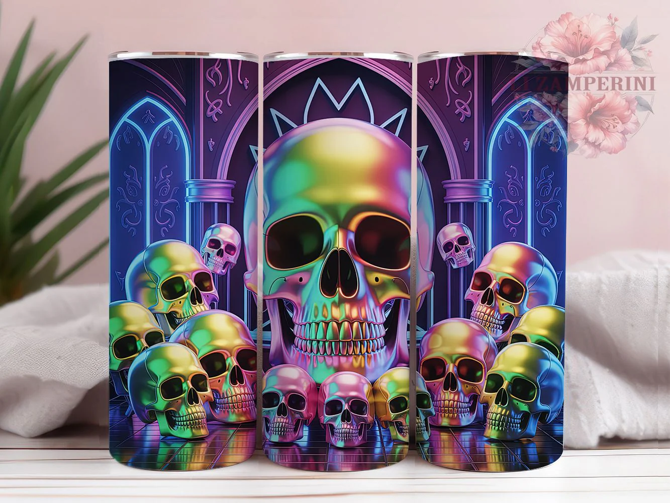 Neon 3D Gothic Skull Tumbler, Neon Glow, Gothic Theme, Bold Style, Dark Art, 20Oz Tumbler, Sublimation Wrap