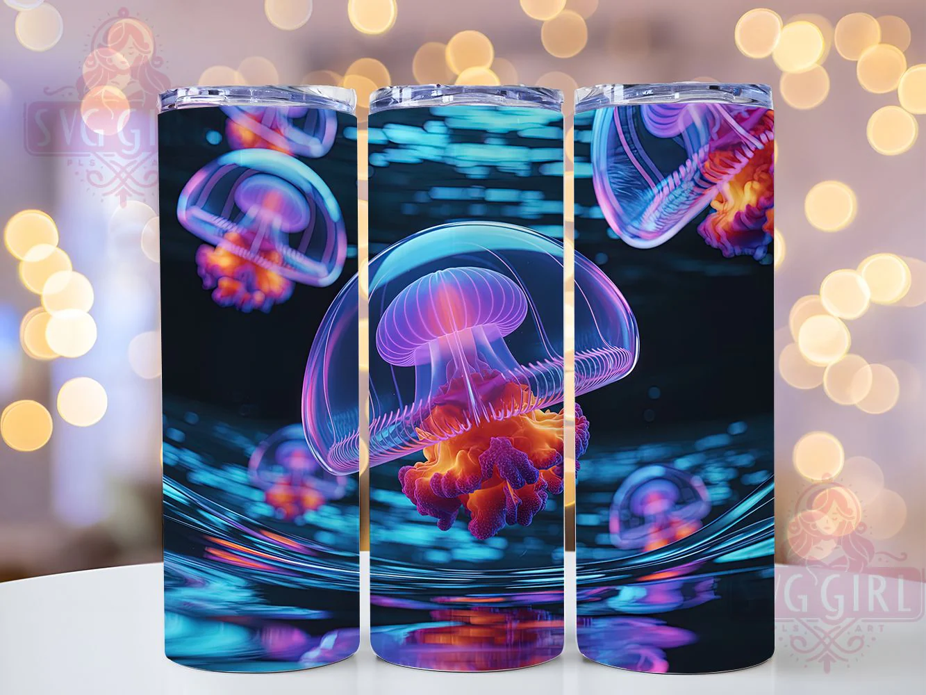 Neon Glow Jellyfish Tumbler, Ocean Glow Theme, Underwater Chic Wrap, Vibrant Sea Life Design, Seamless Artistic Motif, Marine Nature Print, Trendy Aquatic Style, 20Oz Tumbler, Sublimation