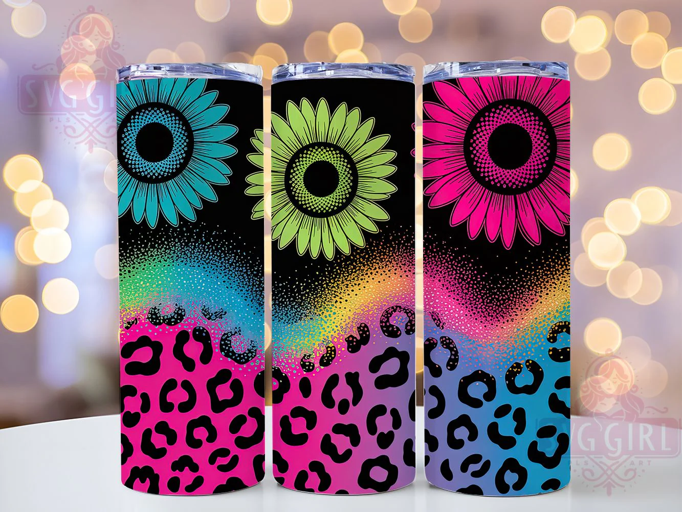 Neon Leopard Sunflower Tumbler Wrap, Sunflower Theme, Neon Floral, Electric Cheetah, Glitter Style, Bold Design, Sublimation Wrap