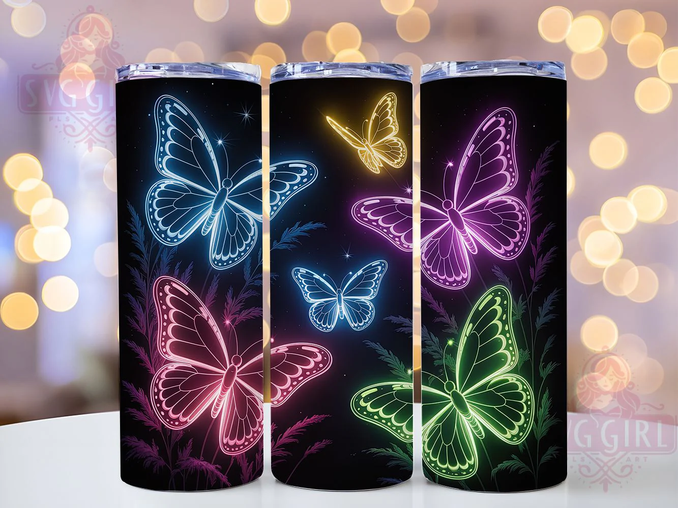 Neon Psychedelic Butterfly Tumbler, Butterfly Print, Psychedelic Style, Vibrant Pattern, Glow Effect, 20Oz Tumbler, Sublimation Wrap