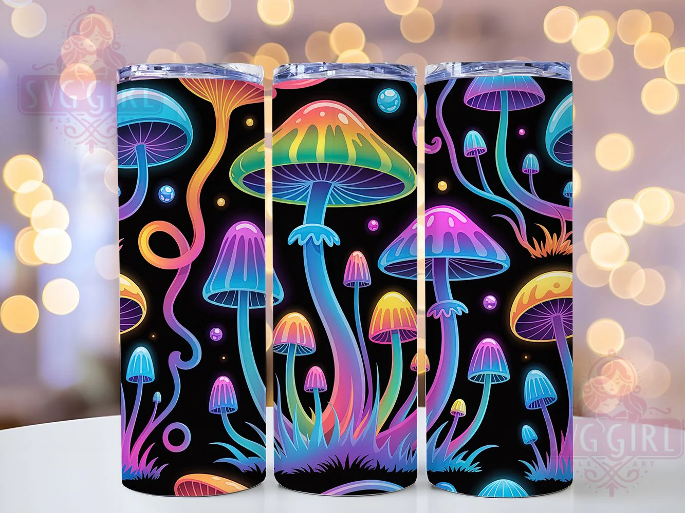Neon Psychedelic Mushroom Tumbler, Neon Style, Psychedelic Theme, Colorful Glow, Whimsical Design, 20Oz Tumbler, Sublimation Wrap