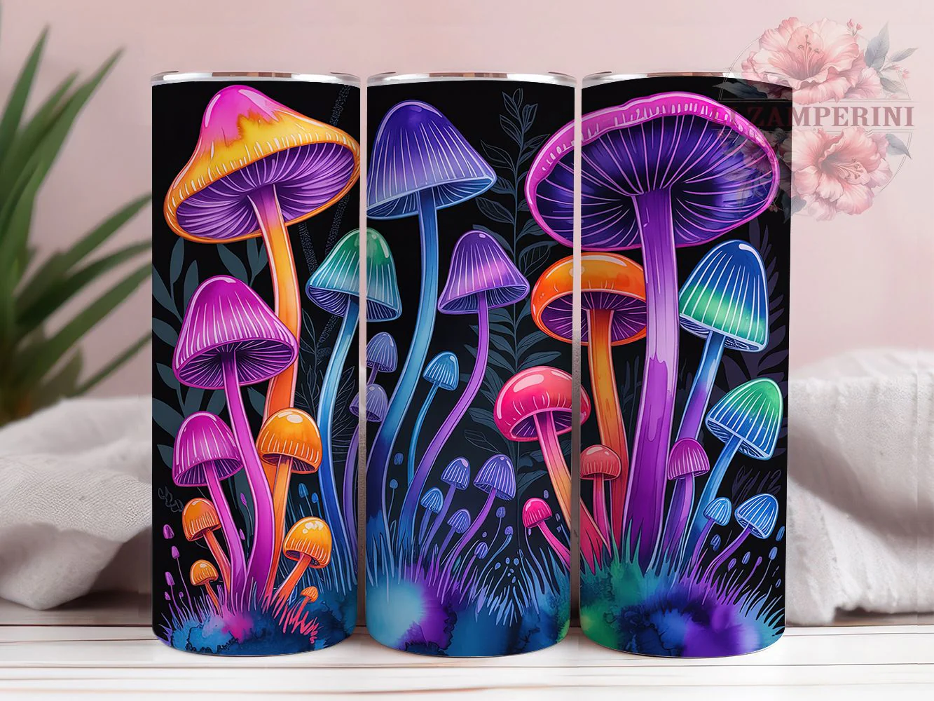 Neon Psychedelic Mushroom Tumbler, Psychedelic Theme, Vibrant Style, Nature Glow, Bold Design, 20Oz Tumbler, Sublimation Wrap