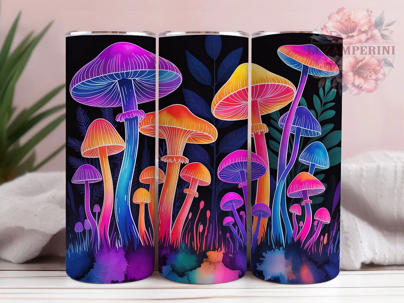 Neon Psychedelic Mushroom Tumbler, Psychedelic Theme, Vibrant Style, Nature Glow, Bold Design, 20Oz Tumbler, Sublimation Wrap