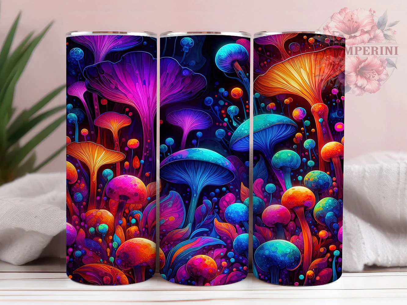 Neon Psychedelic Mushroom Tumbler, Psychedelic Theme, Vibrant Style, Nature Glow, Bold Design, 20Oz Tumbler, Sublimation Wrap