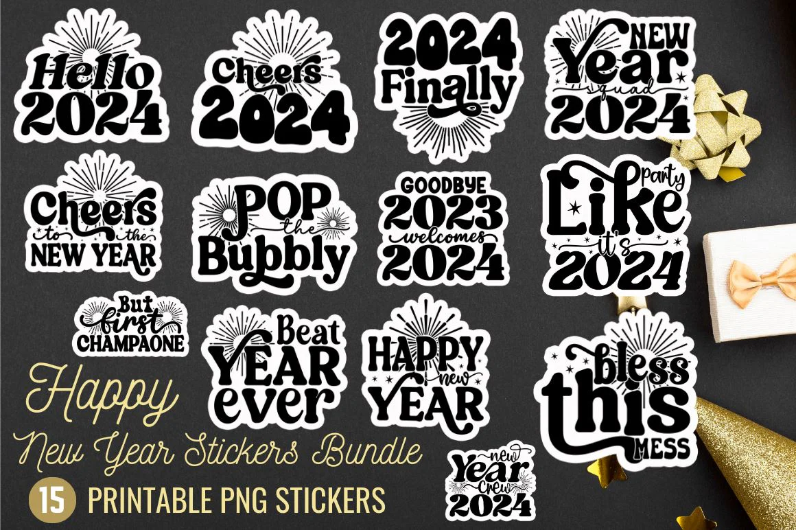 New Year Stickers Bundle, 2024 new year stickers png bundle