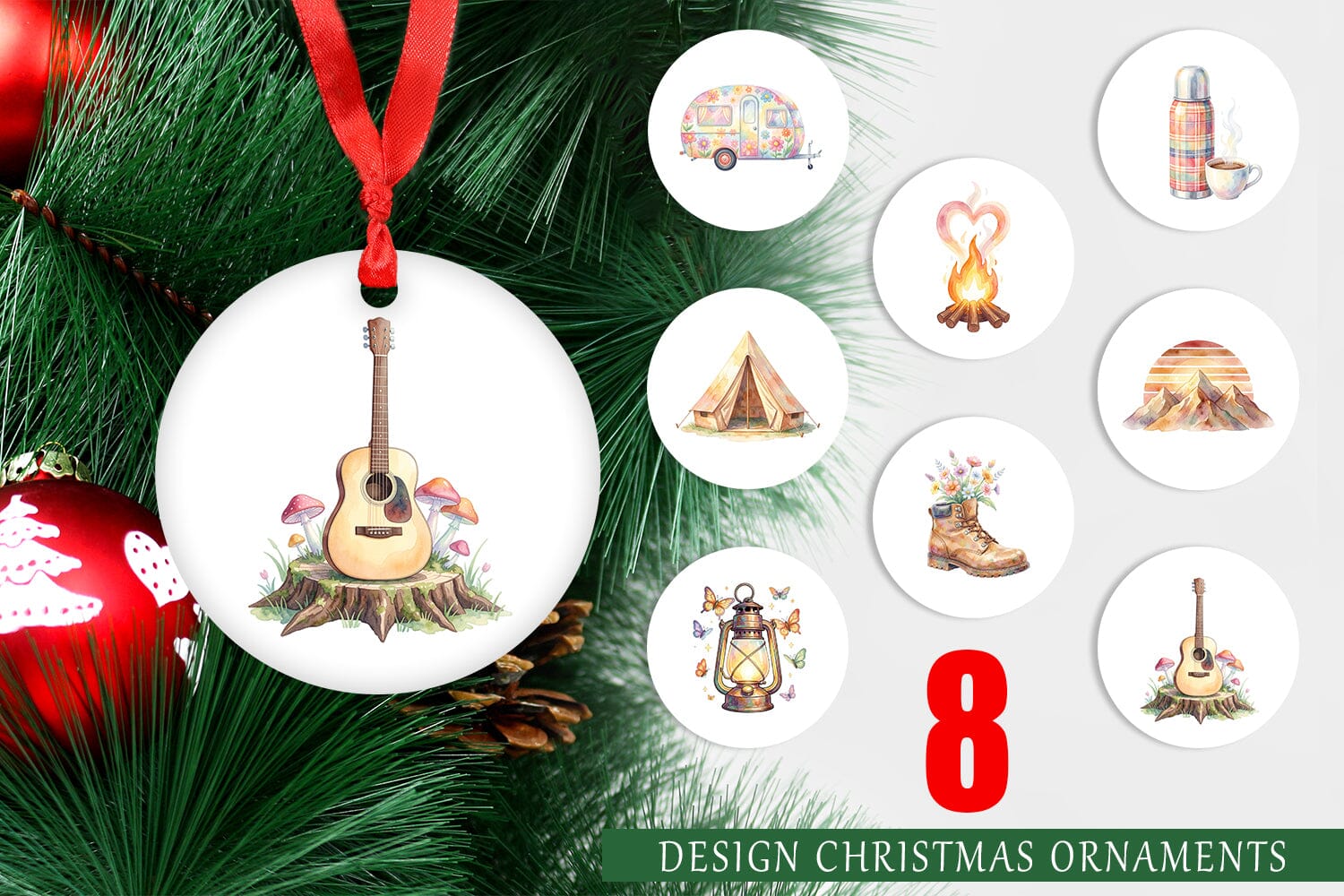 Ornament Watercolor 70s Retro Camping Adventure
